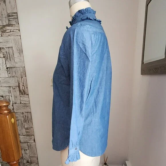 J. CREW Classic-fit Ruffleneck Chambray Shirt Size 4 - Picture 5 of 11